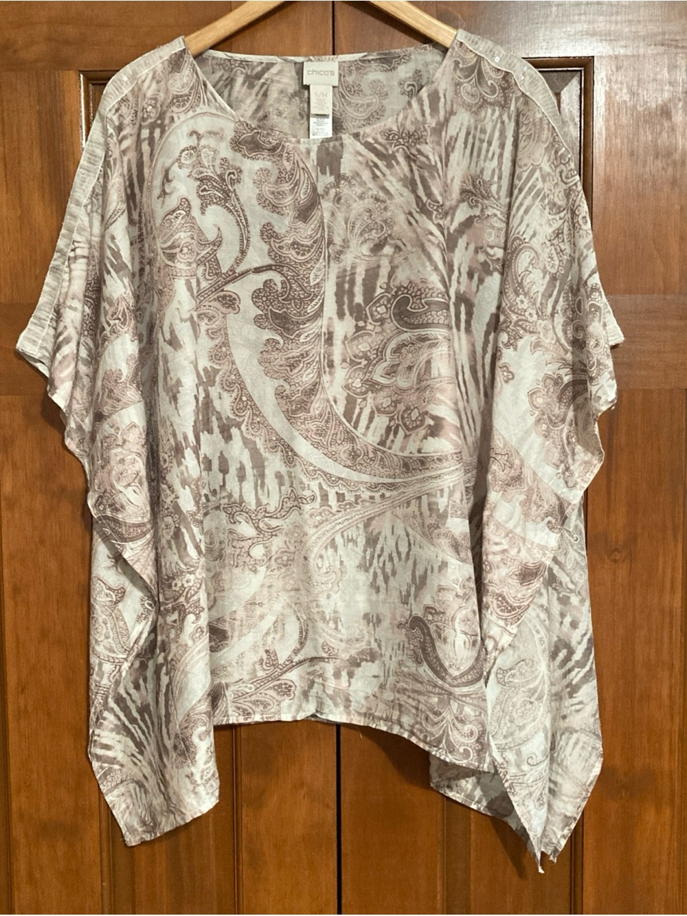Chico's Taupe Paisley poncho Blouse silk blend women’s medium relaxed fit